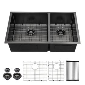 Lordear 33 Inch Undermount Kitchen Sink Double Bowl 16 Gauge Stainless Steel Gunmetal Black Sink (Design: 60/40)
